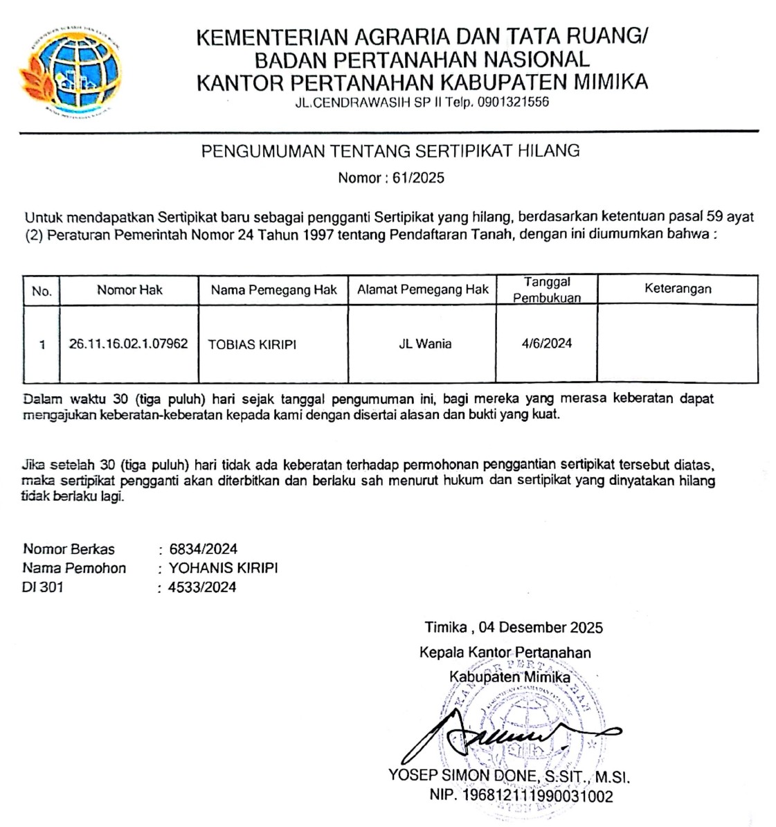 Iklan Kehilangan Dari Yohanes Kiripi