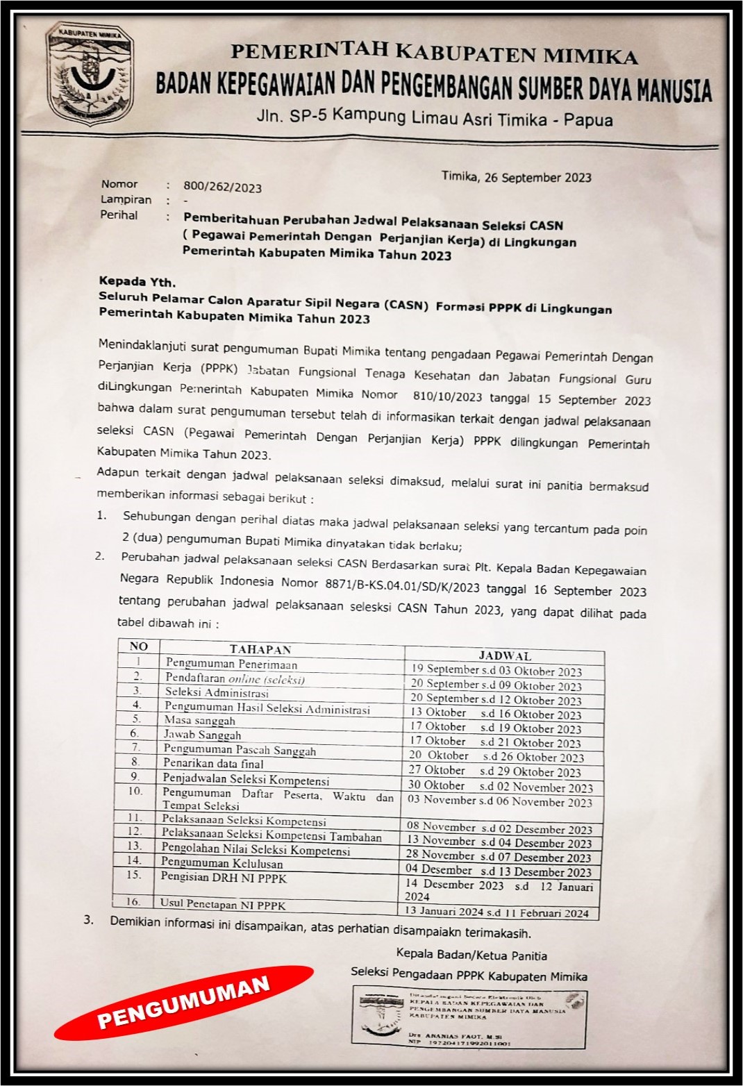 Pemberitahuan Perubahan Jadwal
