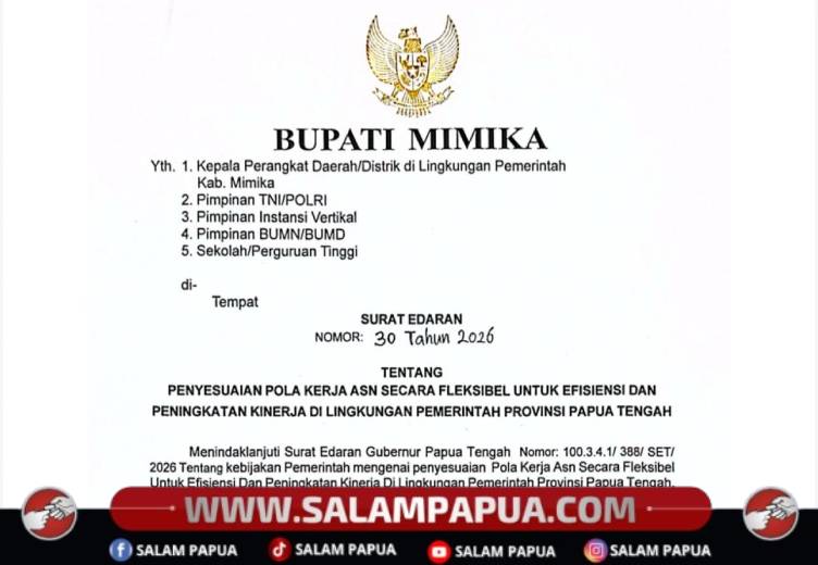 Bupati Mimika Berlakukan WFH Setiap Jumat Mulai 2 April 2026