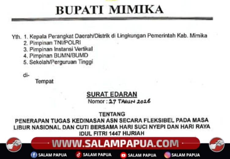 Usai Libur Hari Raya, ASN Di Mimika Kembali Masuk Kerja 30 Maret 2026
