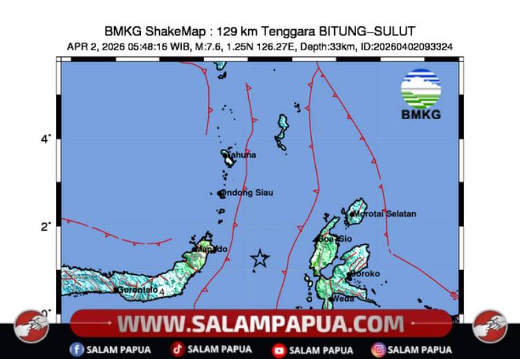Gempa M 7,6 Guncang Tenggara Bitung, BMKG Keluarkan Peringatan Dini Tsunami