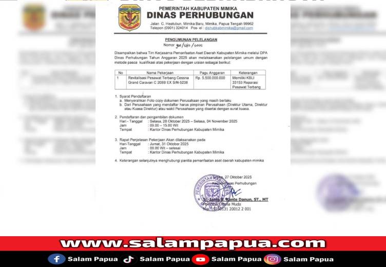 Flyer lelang revitalisasi pesawat terbang Cessna Grand Caravan C 208B EX S/N-5238 milik Pemkab Mimika dengan pagu anggaran Rp 5,5 miliar (Salampapua.com/Evita)