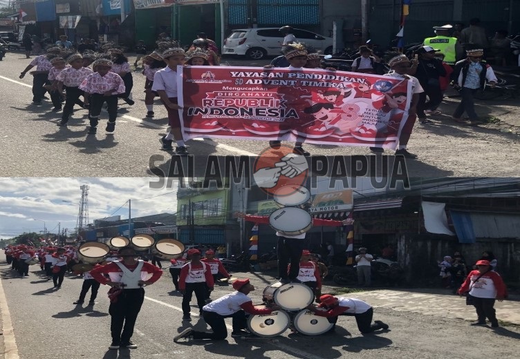 MERIAHKAN HUT RI KE-78, SISWA SD DAN SMP DI MIMIKA IKUT LOMBA MARCHING BAND DAN TARIAN SEKA