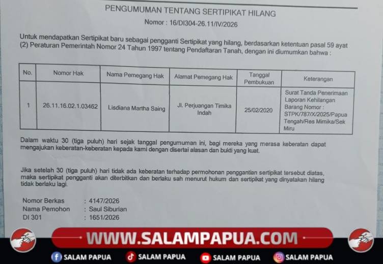 Kantor Pertanahan Mimika Umumkan Kehilangan Sertipikat Hak Milik