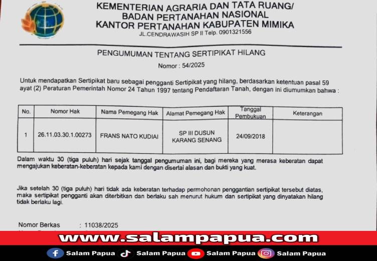 Sertifikat Tanah Atas Nama Frans Nato Kudiai Dilaporkan Hilang