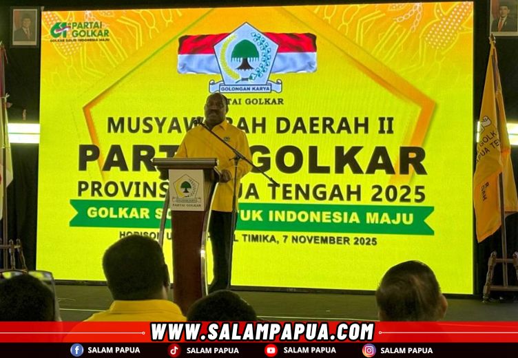 Sambutan Ketua Harian DPD I Partai Golkar Papua Tengah, Wilem Wandik (salampapua.com/Evita)